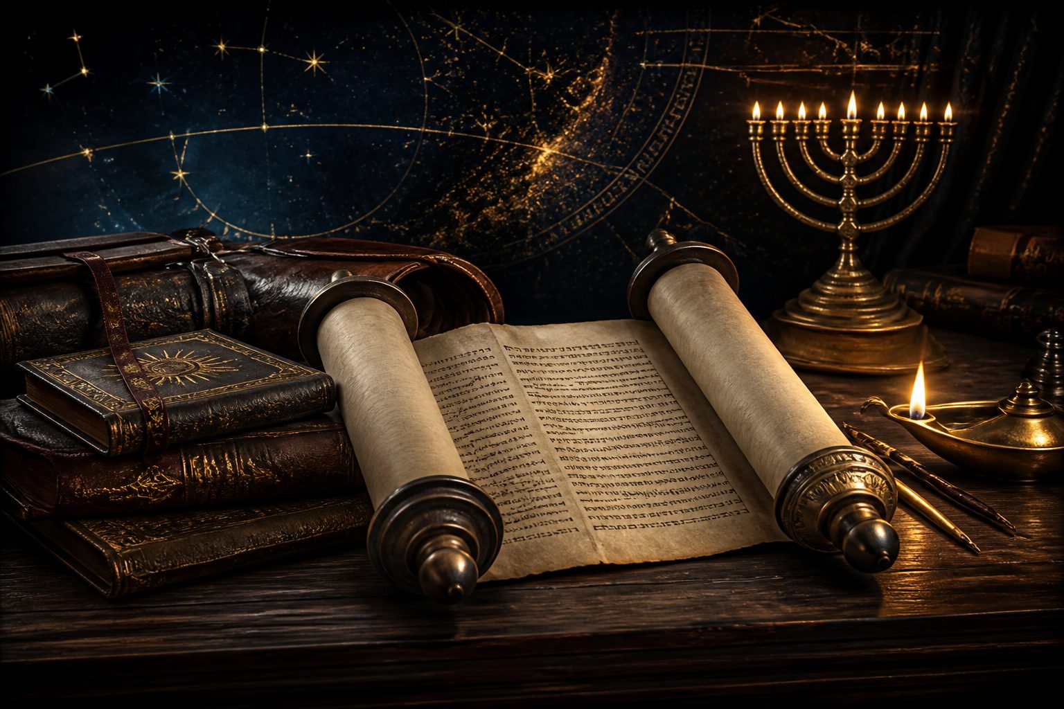 Open Hebrew scroll on a desk with study workbooks under brass lamplight