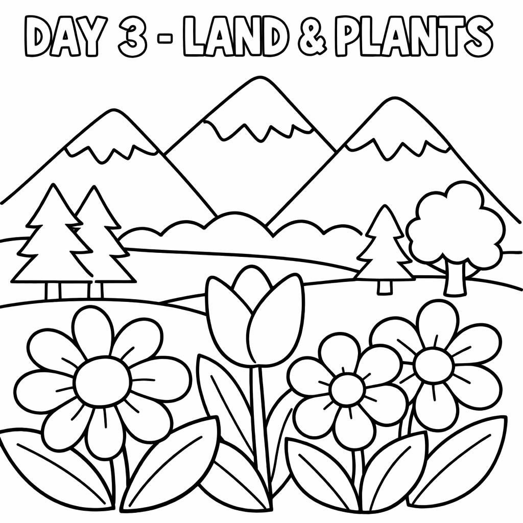 Coloring page: Trees, flowers, mountains