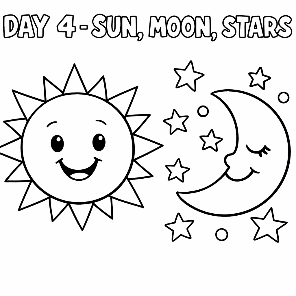 Coloring page: Sun, moon, and stars