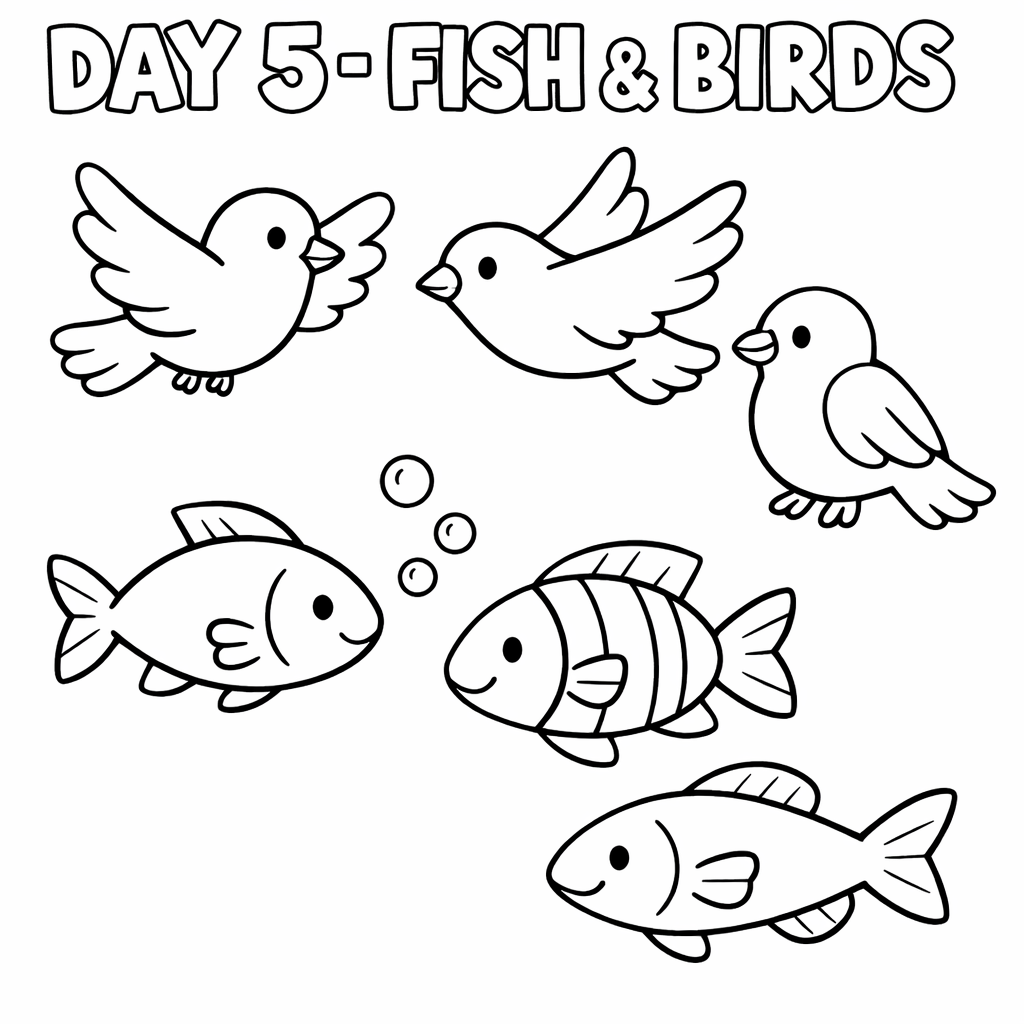 Coloring page: Colorful fish and flying birds