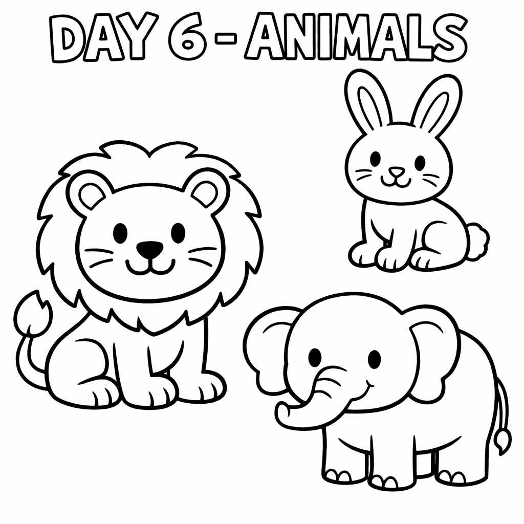 Coloring page: Lion, elephant, Adam and Eve in garden