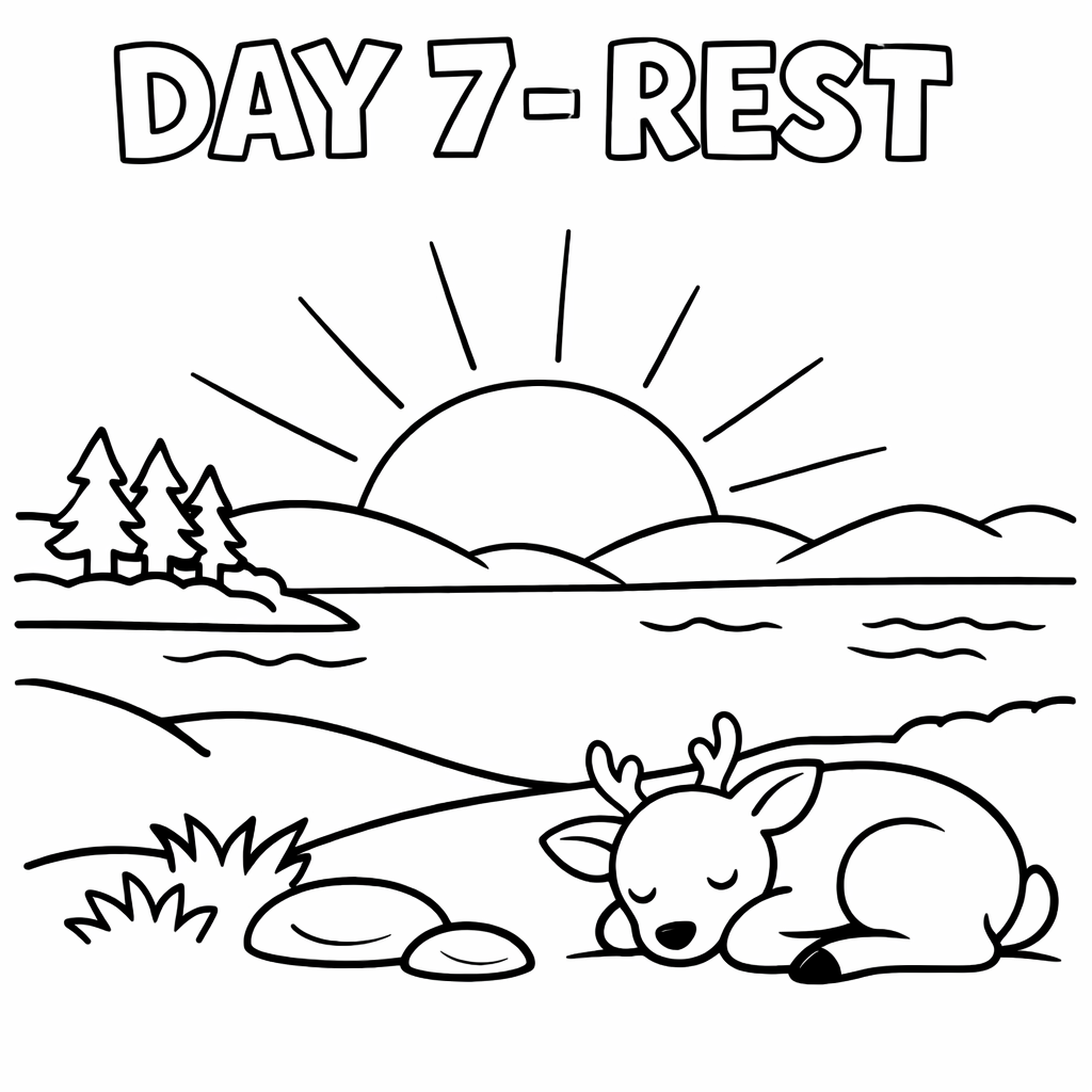 Coloring page: Peaceful garden scene with resting animals