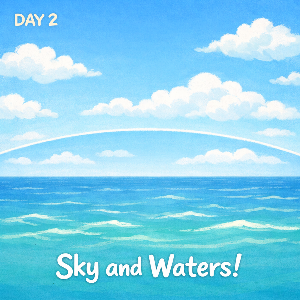 Day 2: Blue sky with fluffy white clouds separated from water below