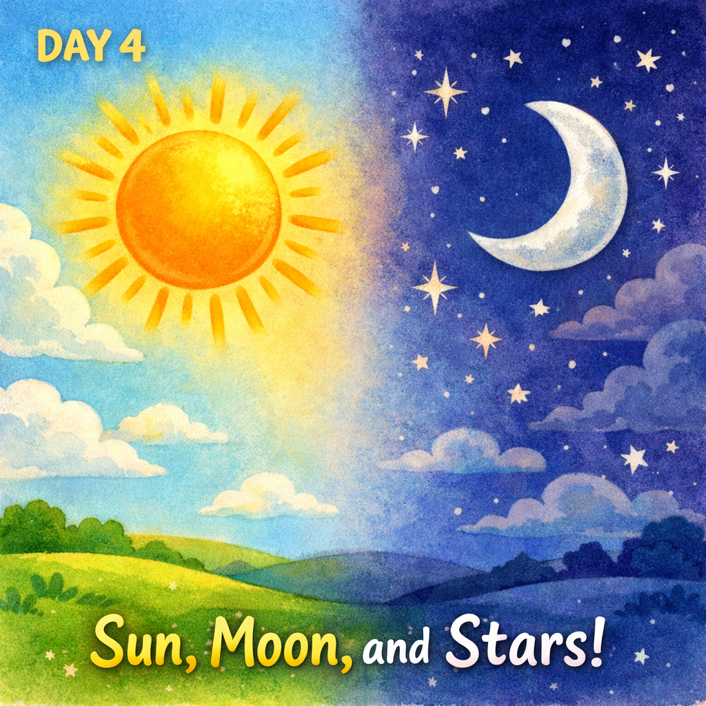 Day 4: Bright golden sun, glowing moon, and twinkling stars in the sky