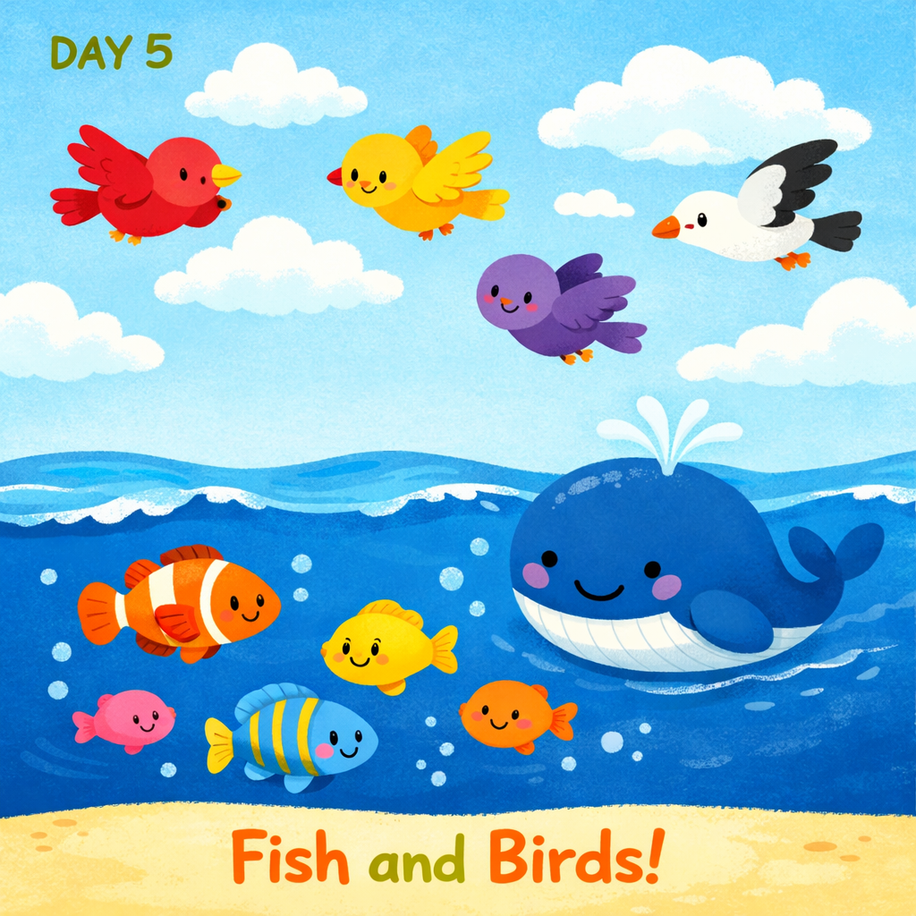 Day 5: Colorful tropical fish swimming in the ocean and birds flying in the sky