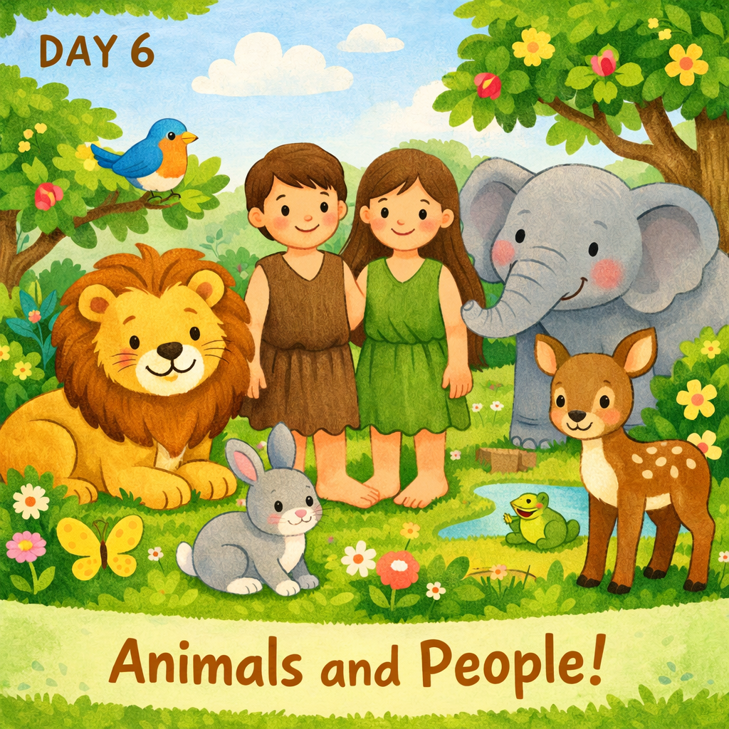Day 6: Lions, elephants, and other animals with Adam and Eve in the Garden of Eden