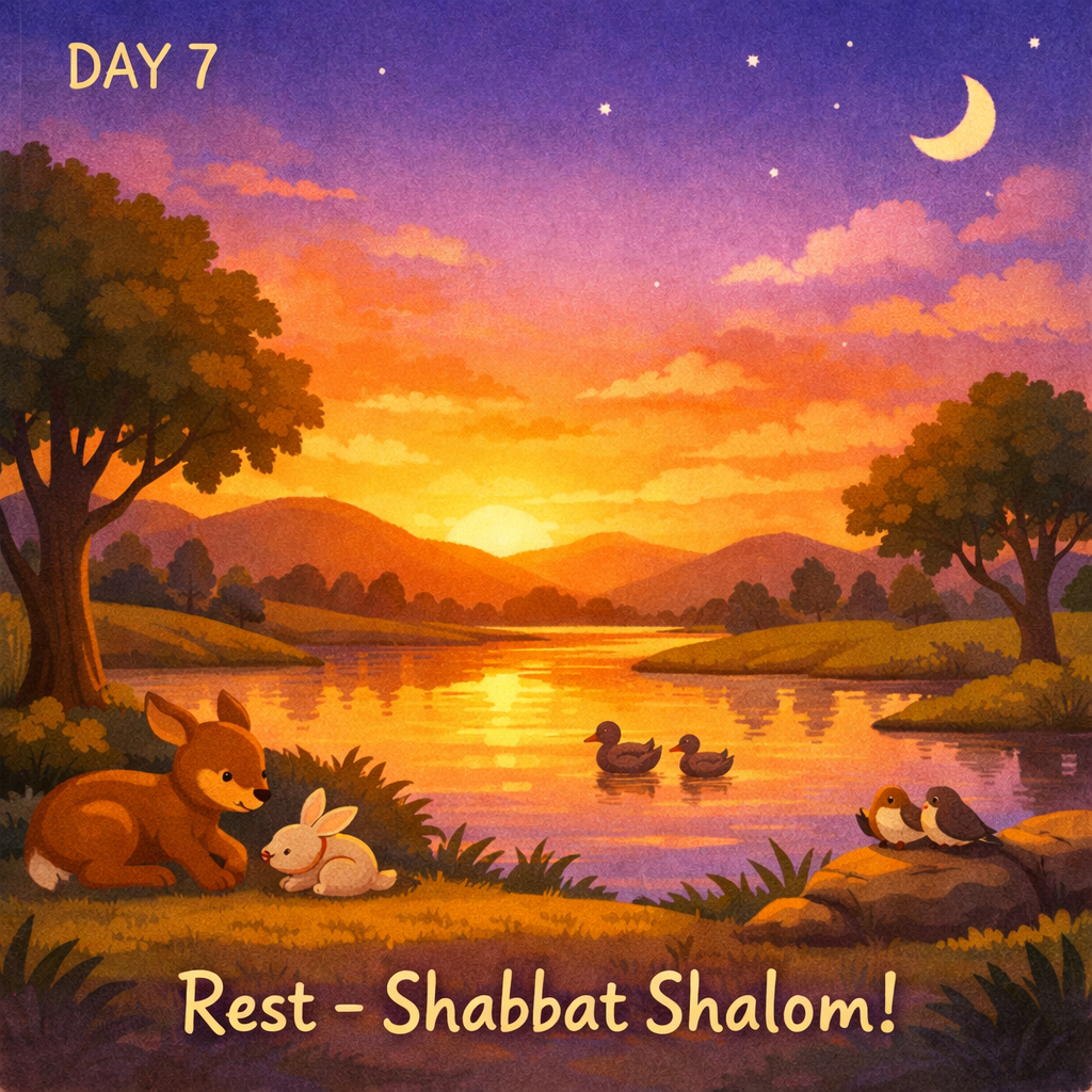 Day 7: Adam, Eve and animals resting peacefully in the Garden of Eden on the Sabbath